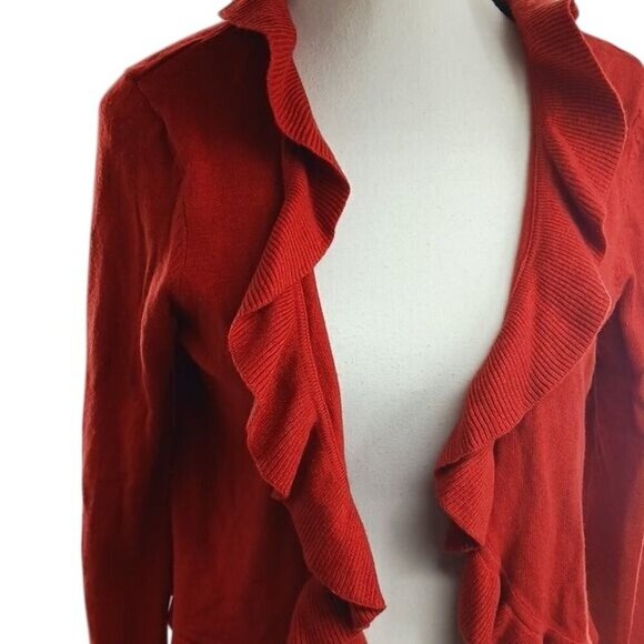 H&M Cardigan Sweater Red Knit Ruffle Open Front Wool Angora Womens Size M - Picture 3 of 7